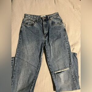 Light wash straight leg jeans w/ slit in knee